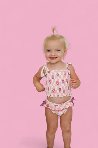 WAVY DAISY CHECKERS DREAM SMOCKED TANKINI TWO-PIECE SWIM SUIT