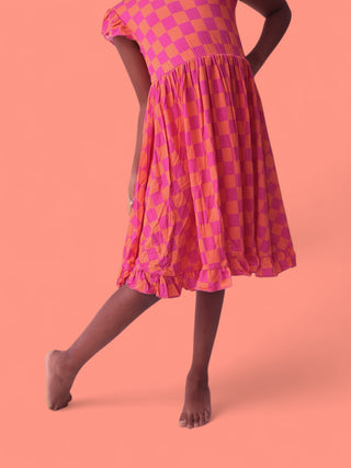 NEON DREAMS CHECKERS DREAM RUFFLE DRESS