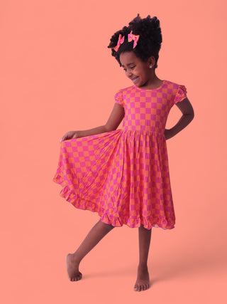 NEON DREAMS CHECKERS DREAM RUFFLE DRESS