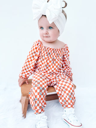 PUMPKIN CHECKS DREAM SMOCKED JUMPSUIT