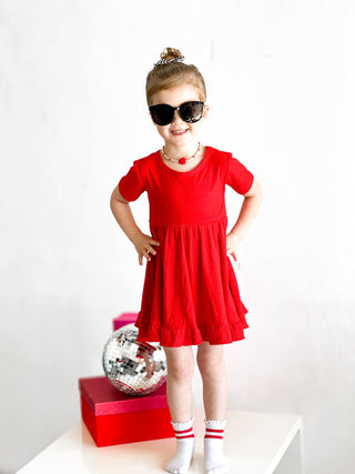 RED RIB DREAM RUFFLE DRESS