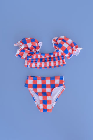 RED, WHITE & TRUMAN DREAM OFF THE SHOULDER SWIM SUIT