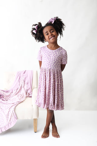 PLUM WAVY CHECKERS DREAM RUFFLE DRESS