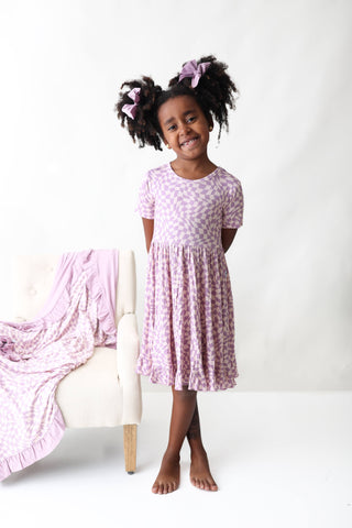 PLUM WAVY CHECKERS DREAM RUFFLE DRESS