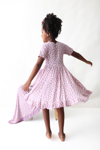 PLUM WAVY CHECKERS DREAM RUFFLE DRESS