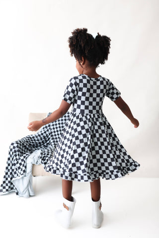 MIDNIGHT CHECKERS DREAM RUFFLE DRESS