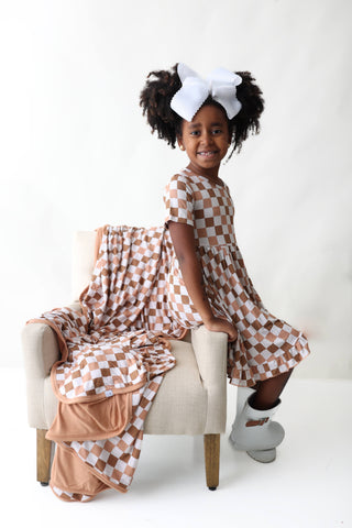 CHESTNUT CHECKERS DREAM RUFFLE DRESS