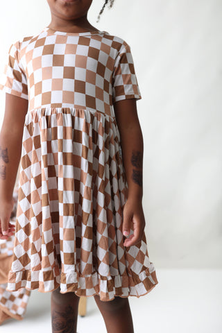 CHESTNUT CHECKERS DREAM RUFFLE DRESS