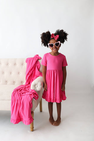 HOT PINK RIB DREAM RUFFLE DRESS