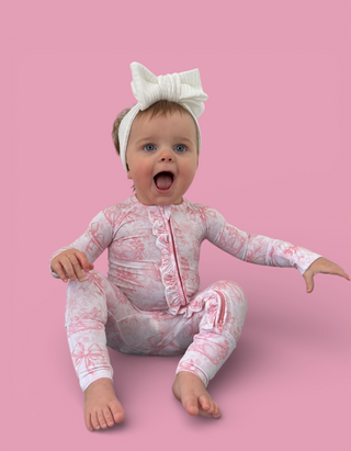 BLUSH BUNNY TOILE DREAM RUFFLE ROMPER