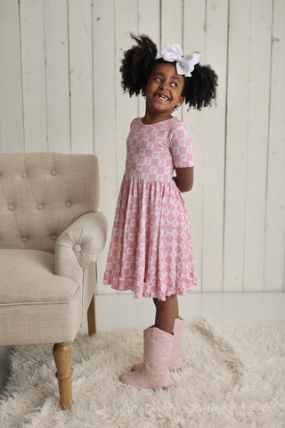 HOPPITY BLUSH CHECKERS DREAM RUFFLE DRESS