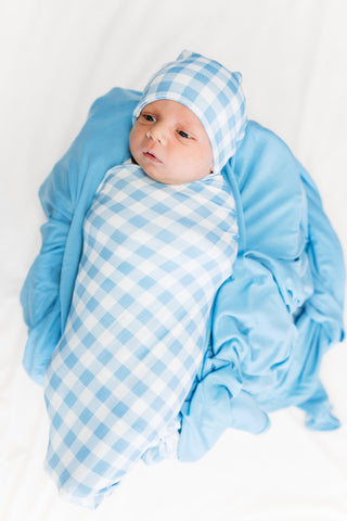 SKY BLUE GINGHAM DREAM SWADDLE & BEANIE