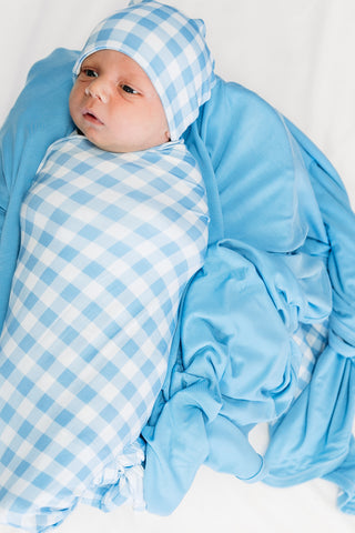 SKY BLUE GINGHAM DREAM SWADDLE & BEANIE