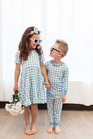 SKY BLUE GINGHAM DREAM RUFFLE DRESS