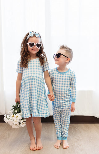 SKY BLUE GINGHAM DREAM RUFFLE DRESS