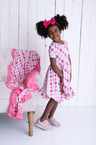 DREAMY PINK CHECKERS DREAM RUFFLE DRESS