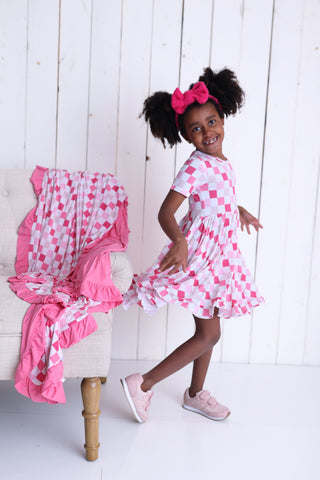 DREAMY PINK CHECKERS DREAM RUFFLE DRESS