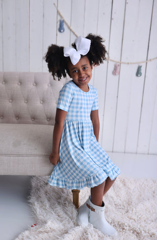 SKY BLUE GINGHAM DREAM RUFFLE DRESS