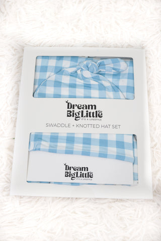 SKY BLUE GINGHAM DREAM SWADDLE & BEANIE