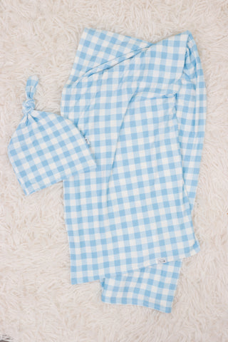 SKY BLUE GINGHAM DREAM SWADDLE & BEANIE