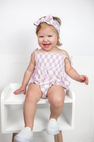 PERIWINKLE CHECKERS DREAM BUBBLE ROMPER