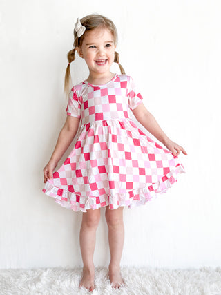 DREAMY PINK CHECKERS DREAM RUFFLE DRESS