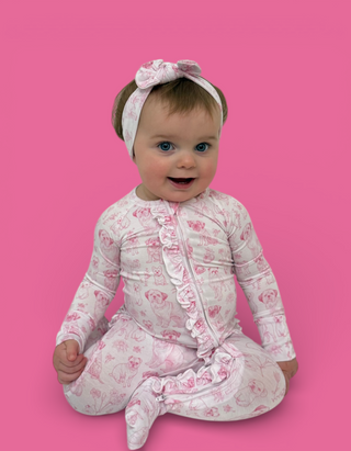 PINK PUPPY TOILE DREAM RUFFLE ROMPER