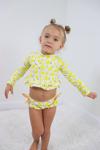 LEMON BLOSSOMS DREAM RASH GUARD RUFFLE TWO-PIECE SWIM SUIT