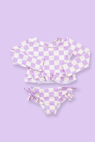 PERIWINKLE CHECKERS DREAM RASH GUARD RUFFLE TWO-PIECE SWIM SUIT