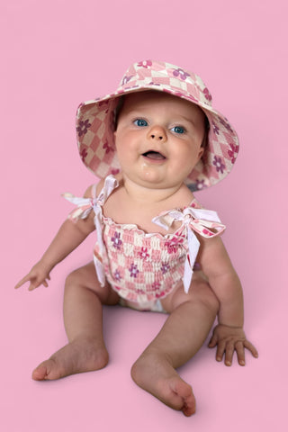 WAVY DAISY CHECKERS DREAM SMOCKED TANKINI TWO-PIECE SWIM SUIT