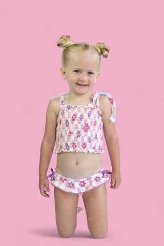 WAVY DAISY CHECKERS DREAM SMOCKED TANKINI TWO-PIECE SWIM SUIT