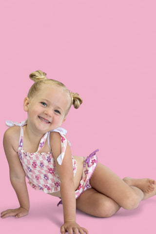 WAVY DAISY CHECKERS DREAM SMOCKED TANKINI TWO-PIECE SWIM SUIT