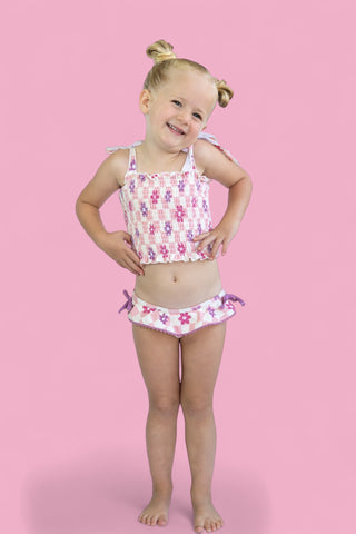 WAVY DAISY CHECKERS DREAM SMOCKED TANKINI TWO-PIECE SWIM SUIT