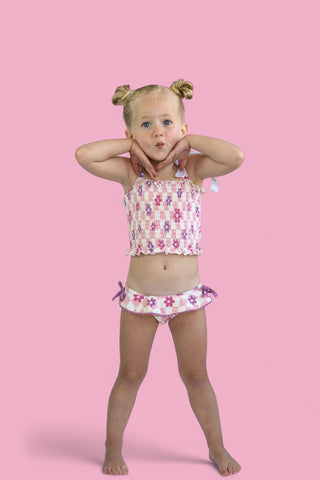 WAVY DAISY CHECKERS DREAM SMOCKED TANKINI TWO-PIECE SWIM SUIT