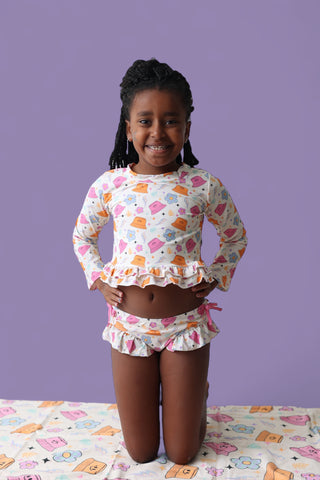 BEACH FOR DAISIES DREAM TWO-PIECE RASH GUARD RUFFLE SWIM SUIT