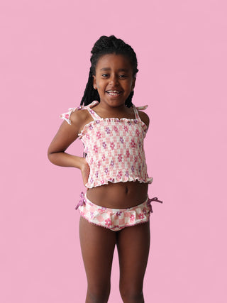 WAVY DAISY CHECKERS DREAM SMOCKED TANKINI TWO-PIECE SWIM SUIT