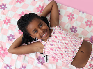 WAVY DAISY CHECKERS DREAM SMOCKED TANKINI TWO-PIECE SWIM SUIT