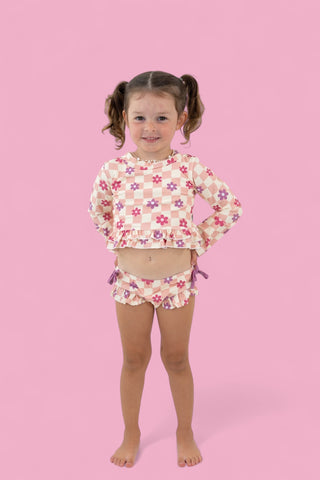 WAVY DAISY CHECKERS DREAM TWO-PIECE RASH GUARD RUFFLE SWIM SUIT