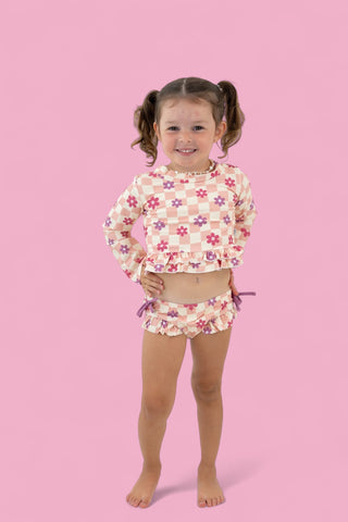 WAVY DAISY CHECKERS DREAM TWO-PIECE RASH GUARD RUFFLE SWIM SUIT