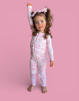 BLUSH BUNNY TOILE DREAM RUFFLE ROMPER