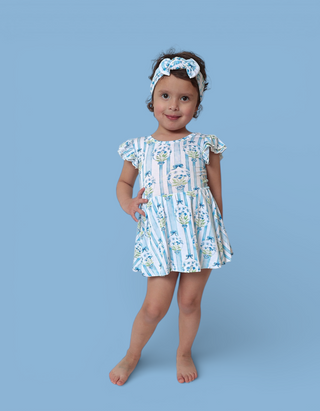 HEIRLOOM BLUE BLOOMS DREAM CAP SLEEVE BODYSUIT DRESS