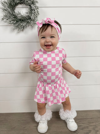 BUBBLEGUM CHECKERS DREAM BODYSUIT DRESS