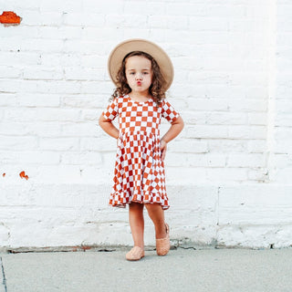 COPPER CHECKERS DREAM RUFFLE DRESS