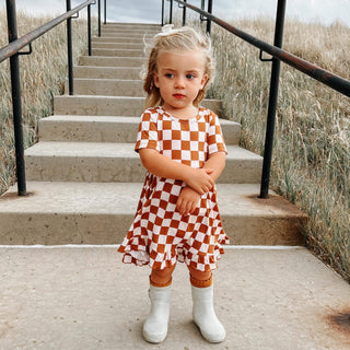 COPPER CHECKERS DREAM RUFFLE DRESS