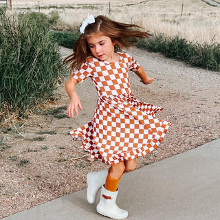 COPPER CHECKERS DREAM RUFFLE DRESS